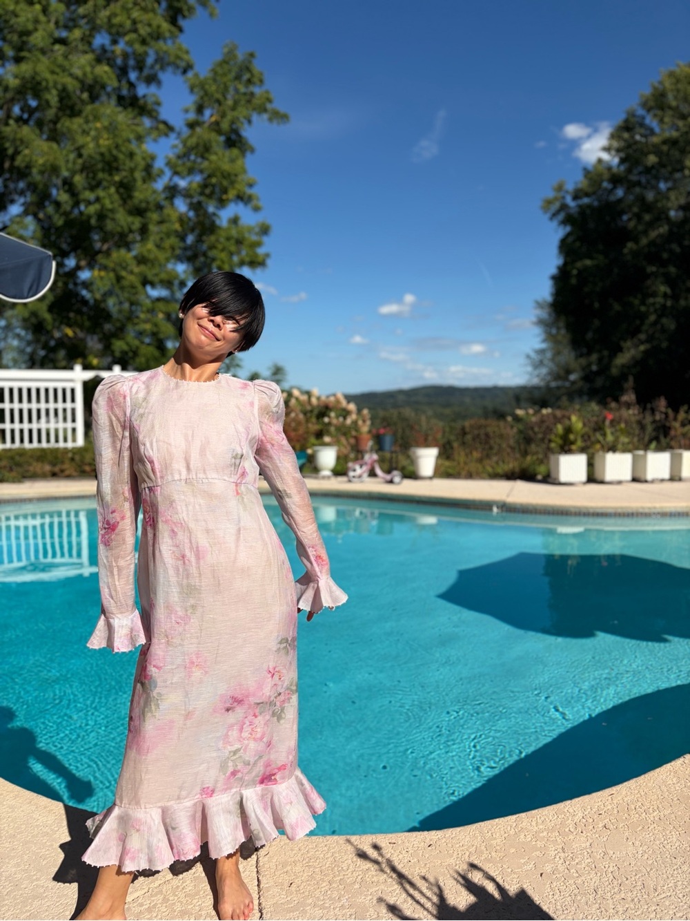 NWOT Zimmermann Pink Floral Long Sleeve Silk/Linen Blend Midi Dress, Size AU 2